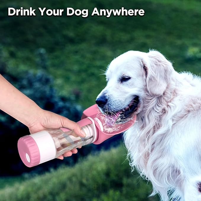 Dog Water Bottle, Pet Water Bottle with Food Container and Drinking Feeder, Leak Proof, BPA-Free, Portable Foldable Puppy Water Cup Dispenser for Outdoor Walking, Travel, Hiking Small Pink