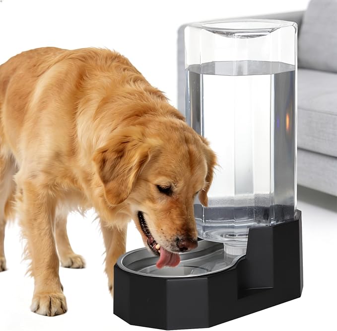 Sfozstra Large Dog Water Dispenser: 9L Automatic Black Water Feeder with Specialized Brush - Gravity Design for Multiple Pets in Garage Garden - Good for Spinal Health