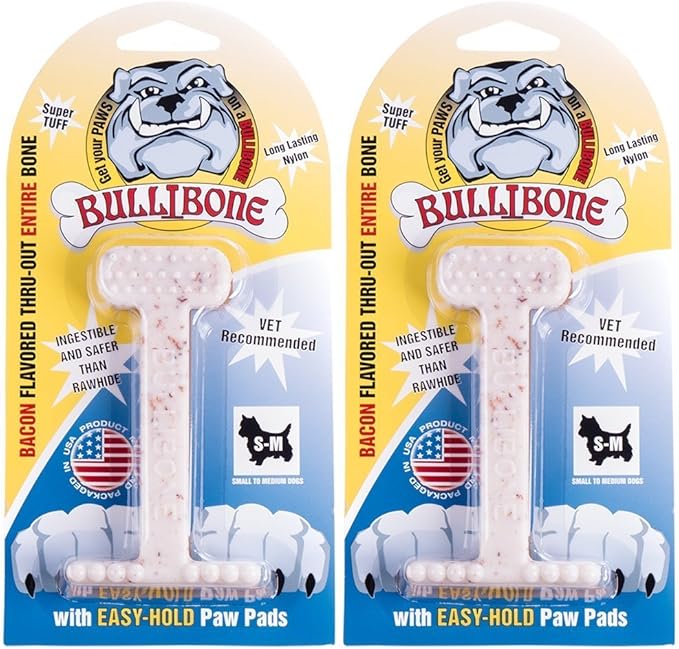 Bullibone Nylon Dog Chew Toy for Aggressive Chewers - Dental Hygiene Bone with Bacon Flavor, Durable Tough Chew Toys for Small Dogs, Indestructible Dog Bone - 2 Pack