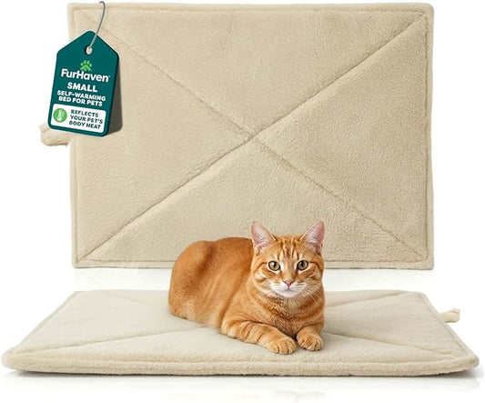 FurHaven ThermaNAP Self Warming Cat Mat, Dog Bed for Crates with Self-Warming Technology for Cozy Rest, Fully Machine Washable, Small, Plush Faux Fur, Cream