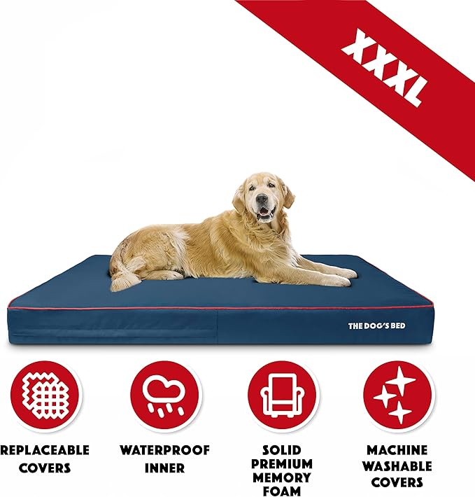 The Dog’s Bed Orthopedic Memory Foam Dog Bed, XXXL Blue/Red, Pain Relief for Arthritis, Hip & Elbow Dysplasia Post Surgery, Lameness, Supportive Calming, Waterproof Washable Cover, Veterinary Approved