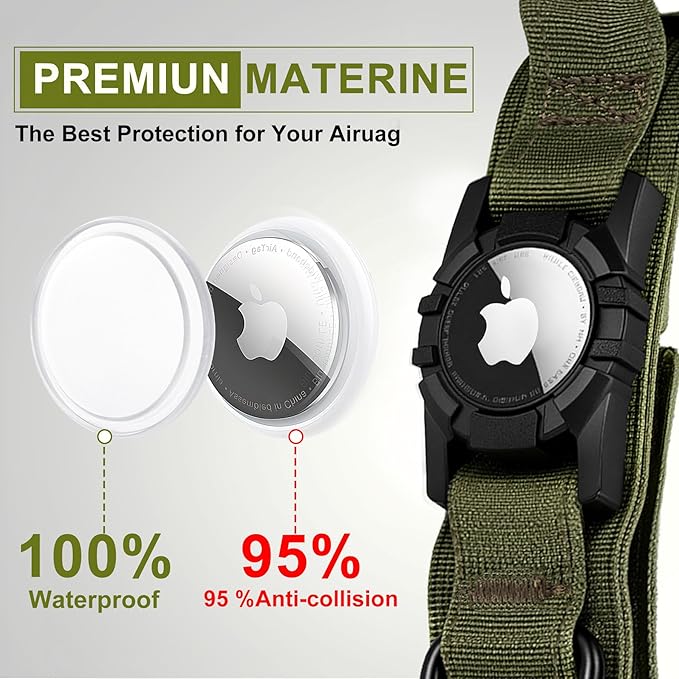 Tactical AirTag Dog Collar Leash Set - Heavy Duty, Adjustable GPS Collar Compatible with Apple AirTag, with Holder & Control Handle for Medium/Large Dogs [ Green, L ]