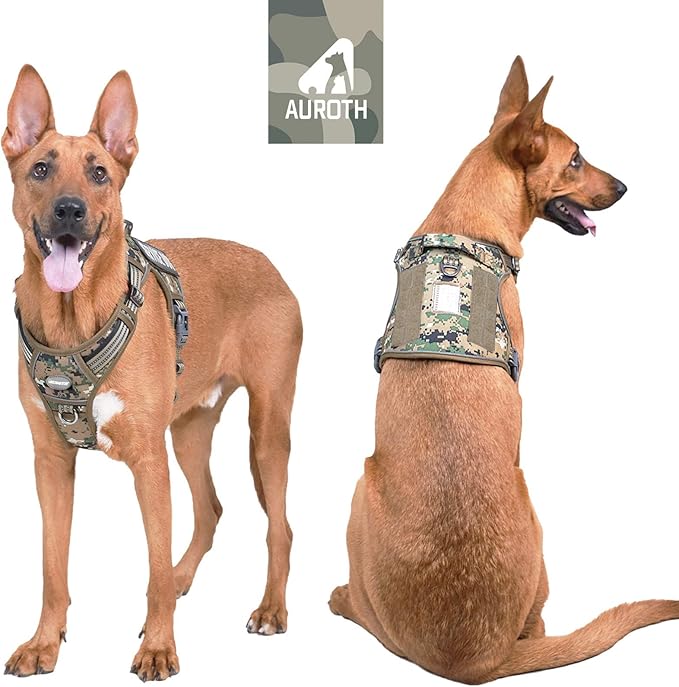 Auroth Tactical Dog Harness for Large Dogs No Pull Adjustable Pet Harness Reflective K9 Working Training Easy Control Pet Vest Military Service Dog Harnesses Woodland Camo XL