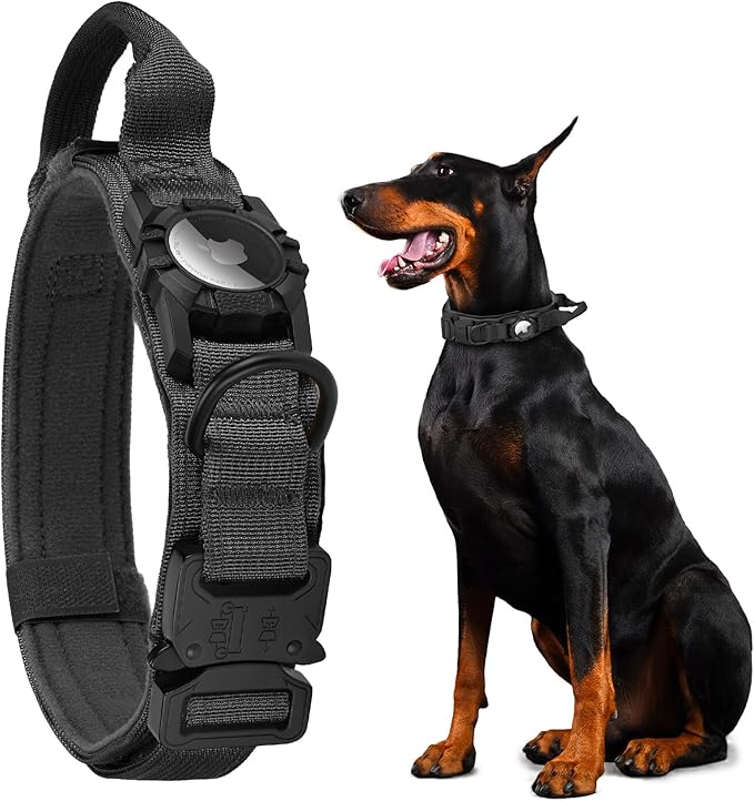 Upgraded Airtag Dog Collar Waterproof, Adjustable GPS Training Nylon Dog Collar with AirTag Holder, Control Handle and Quick-Release Buckle for Medium and Large Dogs (Black, L)