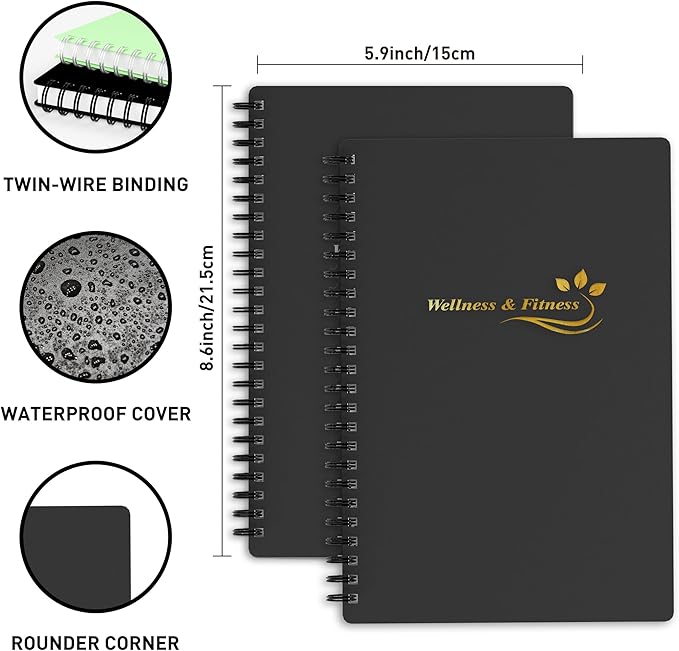 Wellness Planner & Fitness Log - Daily Diet & Health Journal with Weight Loss, Wellness Journal Notebook for Tracking Fitness, Sleep, Nutrition, Meal, Habits, A5(5.8 x 8.6 inch) (Black Golden)