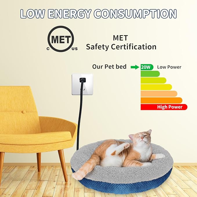 Heated Cat Beds for Indoor Cats Warming Cat Beds Super Soft Machine Washable Thermo Kitty Electric Heating Bed 19 Inches Round