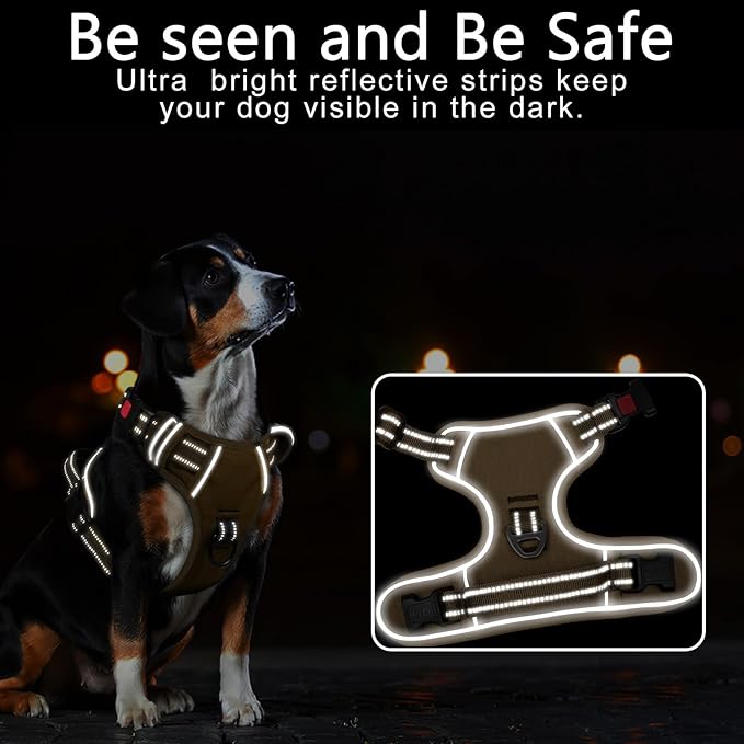 Timos Dog Harness Medium Sized, No Pull Pet Harness with Neck Lockable Snap,No Choke Front Clip Dog Reflective Vest,Adjustable Metal Rings 3 Buckles,Easy Control Handle for Medium Dogs Khaki M