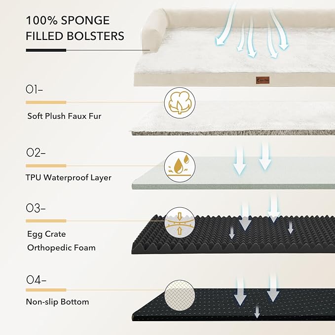 Orthopedic Dog Beds for Extra Large Dogs, Waterproof Egg Crate Foam XL Dog Bed with Sides 45x35Inch, Big Dogs Couch Beds with Removable Washable Cover and Nonskid Bottom, Beige