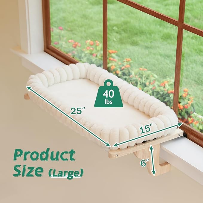 Zakkart SnugCloud Cat Window Perch with 4-Sided Bolster - Orthopedic Cat Hammock for Window Sill - Solid Hardwood & Metal Frame - Window Seat for Pets (Natural Color Wood w/White Bed, Large)