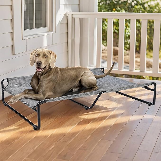 Veehoo Original Outdoor Elevated Dog Bed, Cooling Raised Dog Cot for Large Dogs, Portable Standing Pet Hammock Platform with Washable Breathable Mesh, No-Slip Feet, XX-Large, Black Silver, CWC2201
