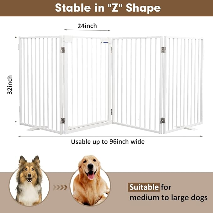 Metal Freestanding Dog Gates with Door,Extra Wide 24", 32" Height Foldable Dog Fence for Indoor & Outdoor, Heavy Duty Freestanding Pet Barrier for Stairs, Doorways, Halls, Kitchen,Yard,Christmas Tree