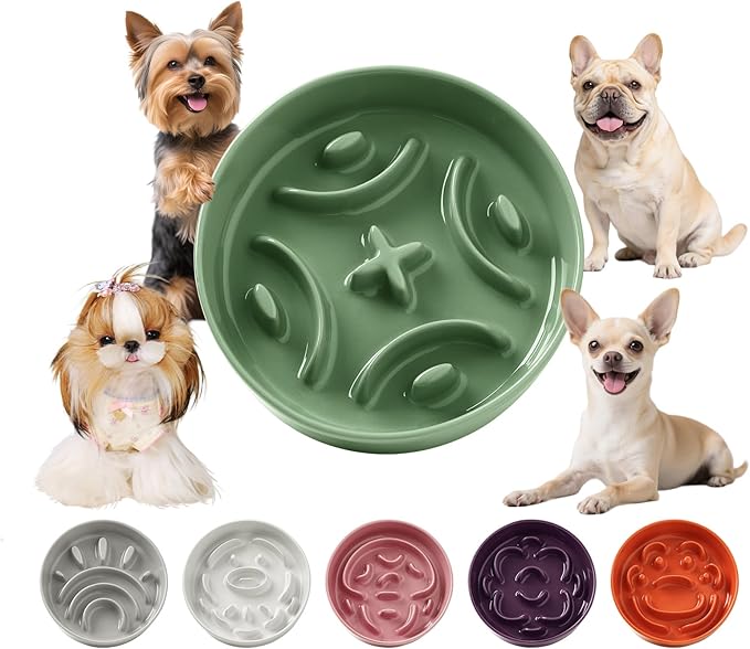 Ceramic Dog Slow Feeder Bowl - Small Dog Food Dish with Maze Puzzle Design - Slow Eating Puzzle Feeder for Pet Feed & Food Control - Whisker-Friendly Bowl for Cat Feeding - 6.3 Inch - 180 g - Green