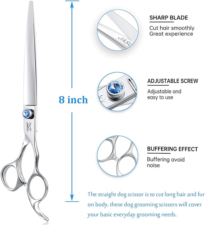 JASON 8" Straight Dog Grooming Scissors Long Pets Grooming Shears Premium Cats Trimming Kit with Offset Handle and a Jewelled Screw Sharp Comfortable Christmas Gift