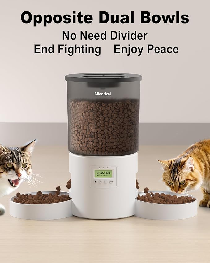 Automatic Cat Feeder for 2 Cats, 4.2L Dual Food Dispenser, Up to 6 Meals/Day, Portion Control, Voice Message, Dual Power Options (Transparent+White, Dual Stainless Steel Bowls)