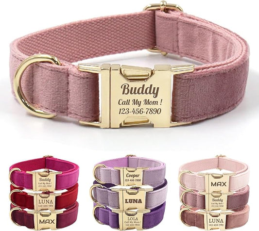 Velvet Personalized Dog Collar with Name - Customizable Dog Collar with Quick Release Metal Buckle - Leash and Bow Tie Available (Soft Pink, XL)