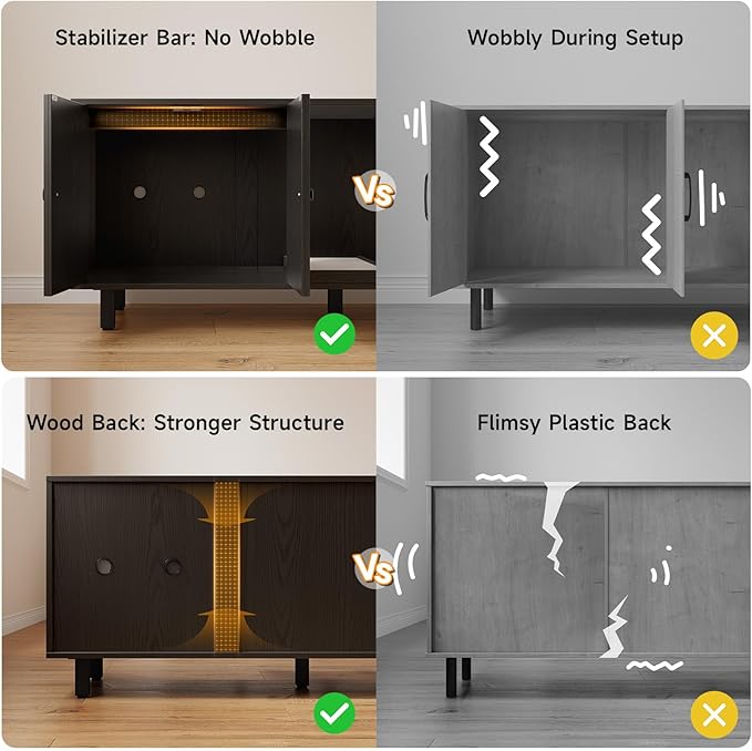 ONBRILL 59 Inches Cat Litter Box Enclosure for 2 Cats, Hidden Litter Boxes Furniture with Cat Scratch Pad, Large Indoor Pet House with Double Room, Wooden TV Stand Side Table, Black