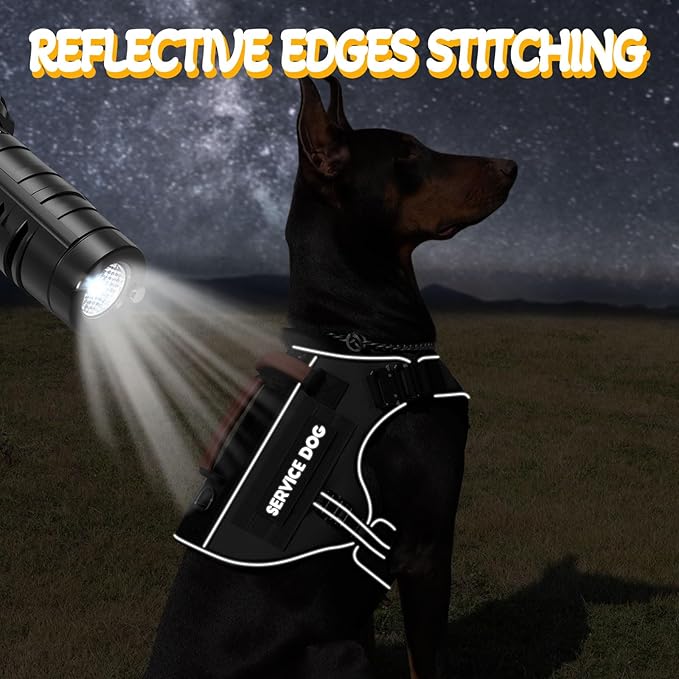 Service Dog Vest - HEYCAHVA Tactical Dog Harness Full Metal Buckles Dog Vest for Large Medium Dog Reflective No Pull Dog Harnesses with Leather Handle, Hook & Loop for Hiking Training (Black, XL)