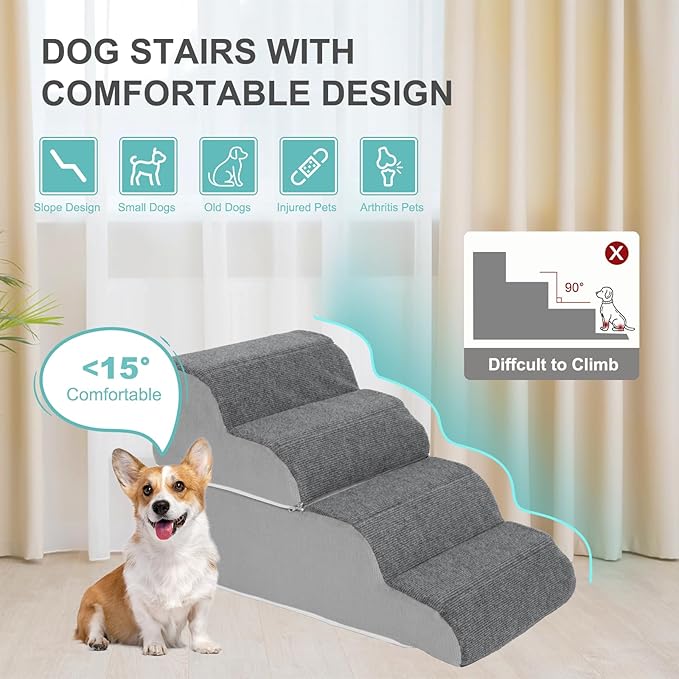 Docred 4-Step Dog Stairs for Small Dogs and Cats - Doggy Ramps, Non-Slip Sturdy Pet Steps for High Beds, Couch, Sofa, Washable Dog Ramp with Removable Cover