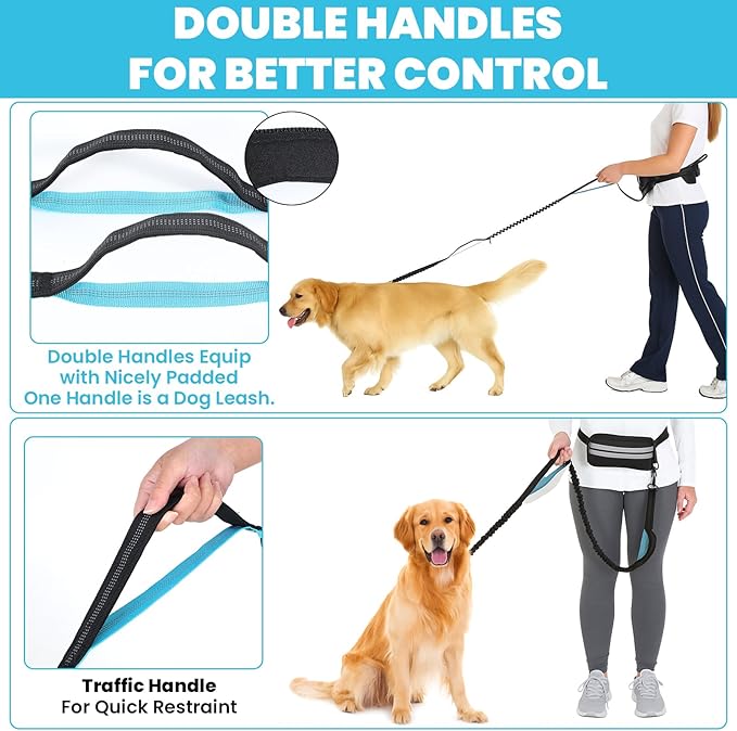 Hand Free Dog Leash with Pouch, Dog Leash for 2 Dogs with Dual Handles Retractable Dogs Walking Belt for Running Walking Jogging Pet Belt