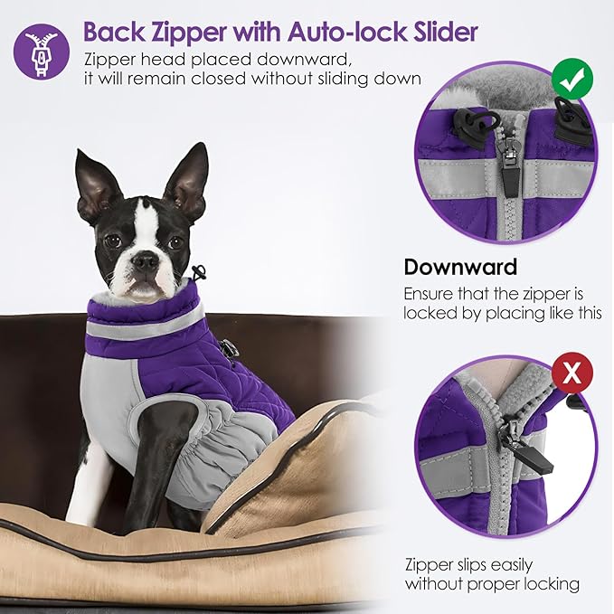 AOFITEE Dog Coat, Warm Dog Winter Coat for Large Dogs, Reflective Turtleneck Dogs Jacket with Harness Built in, Waterproof Windproof Pet Puffer Jacket Fleece Vest for Cold Weather, Purple XXXL