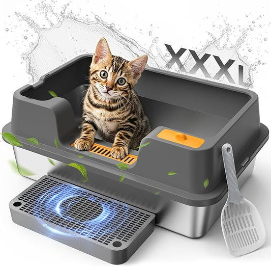 OROLEY Extra-Large Stainless Steel Cat Litter Box Features a Covered Design, High Sides to Prevent Litter from Spilling, an Easy-to-Clean Non-Stick Surface, and Includes a Raised Platform (Dark Gray)