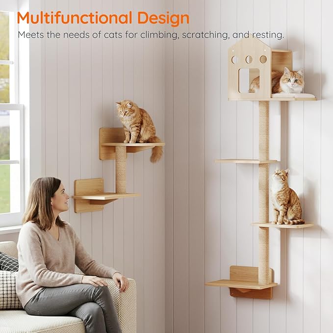 HOOBRO Cat Wall Shelves, Set of 2 Cat Wall Furniture, Wood Wall Mounted Cat Shelves with House, Steps, Scratching Posts and Perch, Space-Saving Shelves for Indoor Cats, Natural NL47CS03