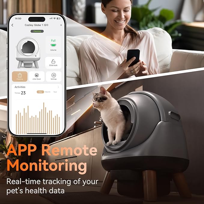 Self Cleaning Litter Box for Multiple Cats, G1 Automatic Cat Litter Box, Self-Cleaning Robot with Smart APP Control and Health Monitoring, Includes 2 Roll Trash Bag and Litter Mat, Grey