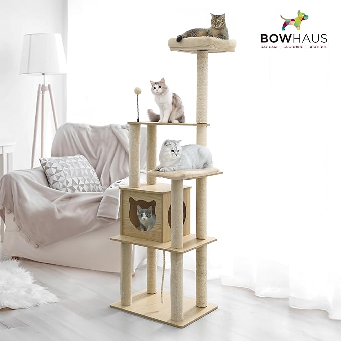 65” Wooden Cat Tree Tower for Indoor Large Cats & Kittens, Modern Tall Cat Climbing Tree w/Cave Condo, Scratching Posts, Perch, Multi-Level Cat Tower w/Interactive Toy & Detachable Cushion