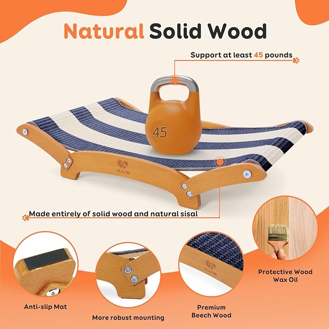 Extra-Larger Sisal Cat Scratcher Bed, Durable Cat Scratching Post with Hammock for Indoor Cats Lounger & Sleep & Scratch, Natural Sisal Cats Scratch Pad, Sturdy Solid Wood Frame (BeigeBlue)