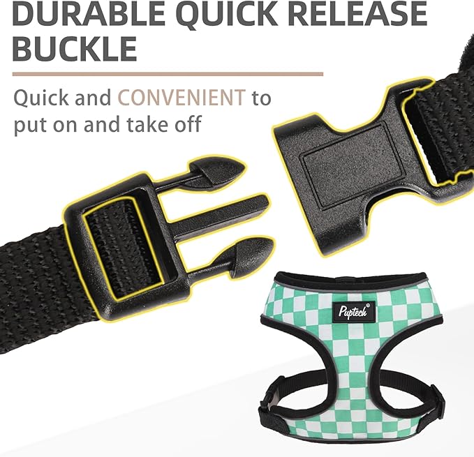 PUPTECK Soft Mesh Dog Harness and Leash Set Pet Puppy Cat Comfort Padded Vest No Pull Harnesses, Checkered Green&White, M
