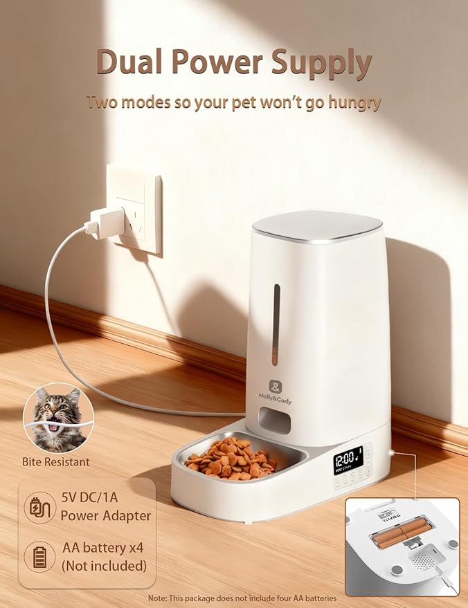 Automatic Cat Feeder,4L Programmable Timed Dog Food Dispenser,Portion Control,Pet Dry Food Container,Up to 60 Portions 6 Meals/Day,Opaque White,for Cats and Small Medium Dogs,for Travel & Weekend Use