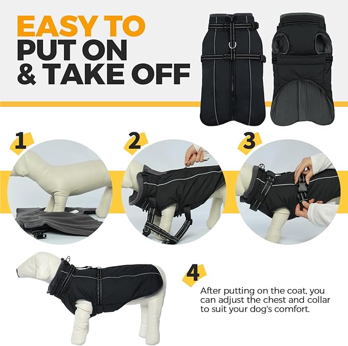 Lelepet Dog Coat for Large Dogs Waterproof Dog Jacket with Harness Built in Reflective Fleece Jacket with Zip Cold Weather Coats for Dogs Outdoor, Cozy Thermal Pet Snowsuit, Weimaraner, Black, XXL