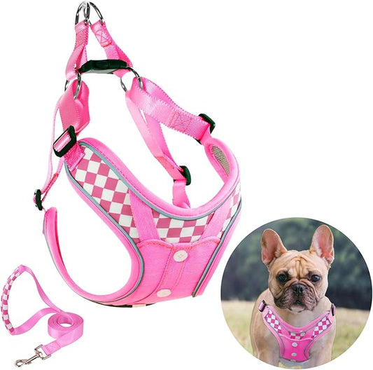 Fashion Lovely Dog Harness with Leash Set, No Pull Adjustable Step in Collars Frenchie Harness Vest for Medium Dogs Training and Running (M Pink)