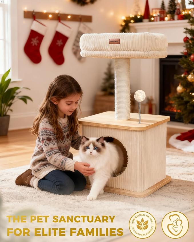 Modern Cat Tree for Indoor Cats, Nordic Loft Style, Wooden Cat Tower with Sisal Scratching Posts, Soft Padded Beds & Cozy Condos, Floor-Mounted for Kittens & Adult Cats