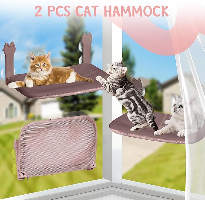 2 Pack Cat Window Perch,Cat Window Hammock Cordless Foldable Window Bed with 4 Large Strong Suction Cup,Reversible Cushion Cover,Metal Frame Easy to Adjust Window Seat Holds up to 40lbs(Brown，M)