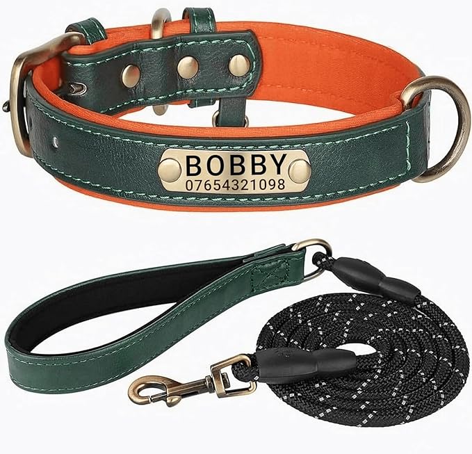 Leather Dog Collar Personalised and Leash Set, Personalized with Soft Padded Design Heavy Duty Featuring Custom Engraved Name Plate for Small Medium and Large Dogs
