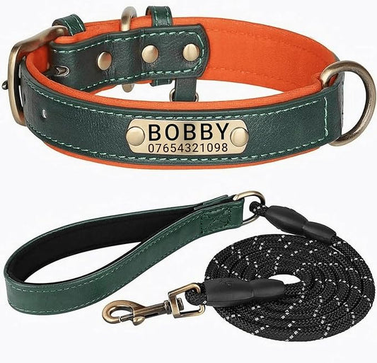Leather Dog Collar Personalised and Leash Set, Personalized with Soft Padded Design Heavy Duty Featuring Custom Engraved Name Plate for Small Medium and Large Dogs