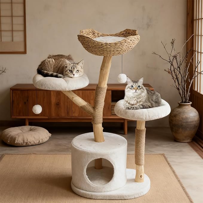 MOLACHI Modern Cat Tree Tower, 41in Tall Real Solid Wood Cat Tree for Indoor Big Cats, Plush Multi-Level Cat Condo with Sisal-Covered Scratching Posts, Dangling Ballor Fun Play, Ideal Pet Gift