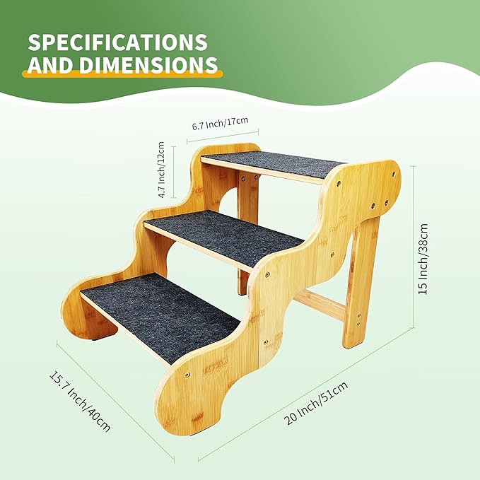 Dog Stairs for Small Dogs,3-Step Bamboo Wooden Dog/Pet/Cat Steps Ramp for Couch Sofa,Bed and Car, Can Support Weighing Up to 160 LB,