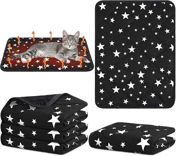 Namalu 4 Pack Self Warming Cat Bed Self Heating Cat Mat Star Pattern Soft Dog Crate Pad Thermal Pet Mat Anti Slip Kennel Dog Washable Warming Bed for Outdoor Indoor (18 x 24 Inch,Black)