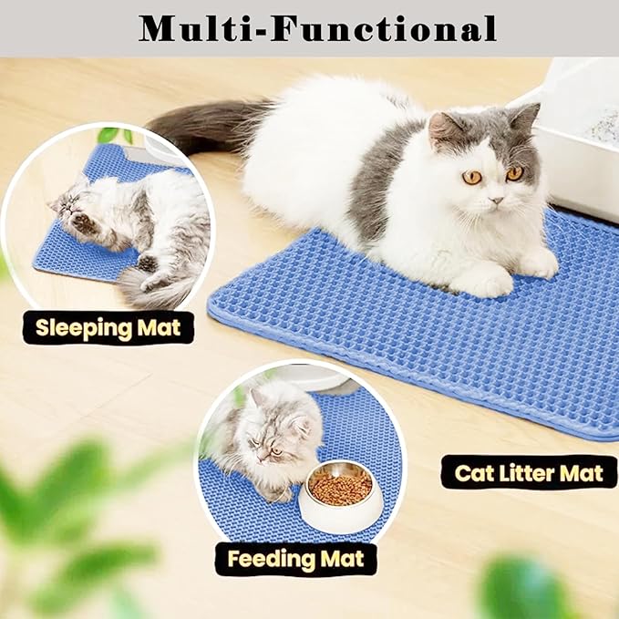 HCY&WLD Cat Litter Mat, Honeycomb Double Layer Cat Litter Trapping Mat, Waterproof Urine Proof Non-Slip, Scatter Control, Less Waste, Easier to Clean (Blue, 30" X 22")
