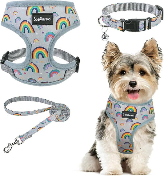 SCENEREAL Small Dog Harness Collar and Leash Set, Adjustable No Pull Pet Harnesses, No Chock Soft Mesh Step in Vest for Doggie Puppy Medium Dogs Cats Girl or Boy,Chihuahua, Yorkie, Outdoor Walking