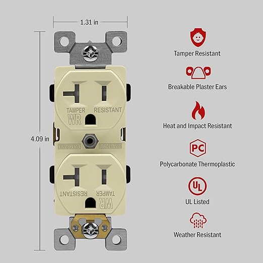 ENERLITES Duplex Receptacle, Tamper-Weather-Resistant, Residential/Commercial Grade Outdoor Outlet, Self-Grounding, 2-Pole, 3-Wire, 5-20R, 20A 125V, UL Listed, 62040-TWR-I, Ivory