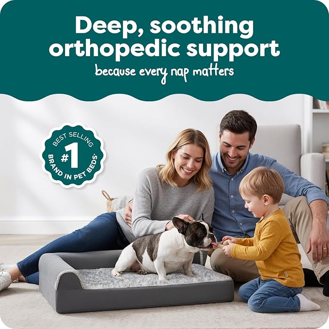 FurHaven Orthopedic Dog Bed for Small/Medium Dogs, L-Shaped Chaise Mattress with Egg Crate Orthopedic Memory Foam for Joint Support, Removable Washable Cover, Medium, Faux Fur & Suede, Stone Gray