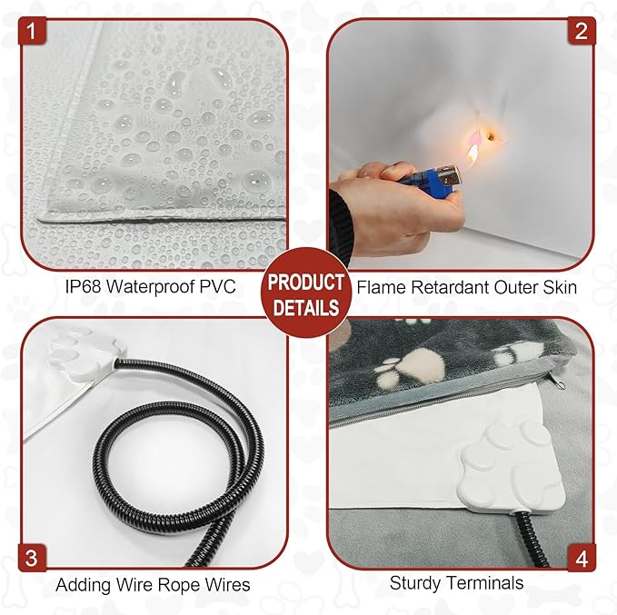 Cat Heating Pad Round 16in,Waterproof Outer Skin and Smart Thermostat Switch, Adjustable Heated Cat Bed, Adding Wire Rope Wires Small Dog Warming Pad