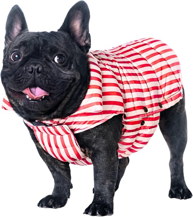 SPACE LION Dog Puffer Jacket, Down Winter Coat, Durable Outdoor Coat for Cold and Windy Conditions, Lightweight & Adjustable Fit Coats for Large Dogs, (RedStripe, Size22/XL+)