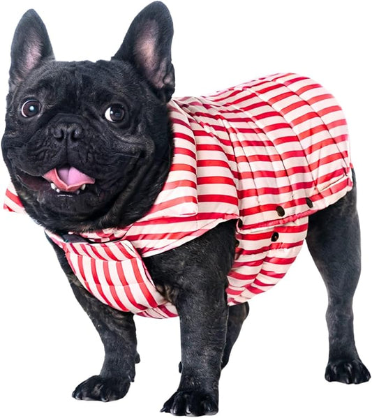 SPACE LION Dog Puffer Jacket, Down Winter Coat, Durable Outdoor Coat for Cold and Windy Conditions, Lightweight & Adjustable Fit Coats for Large Dogs, (RedStripe, Size22/XL+)