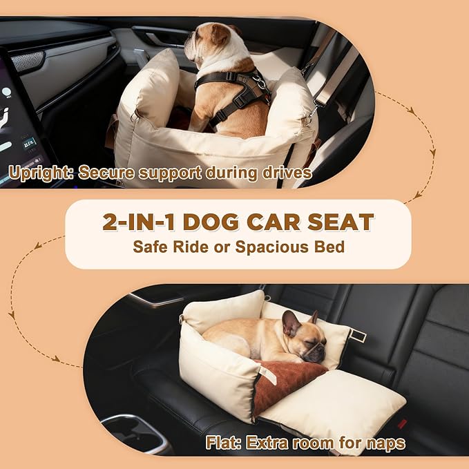 Dog Car Seats for Small Dogs, Waterproof Puppy Car Seat with Side Handles and Large Pockets, Clip-On Safety Leash and PP Cotton Filling, Pet Booster Seat for Small Dog up to 25lbs (Apricot)