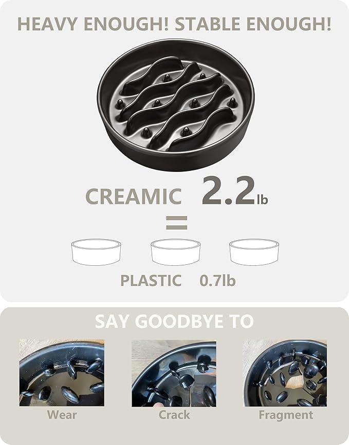 Ceramic Slow Feeder Dog Bowls for Medium and Large Dogs, 2.0 Cups Dog Slow Feeder for Fast Eater, 30oz, 8in, Black