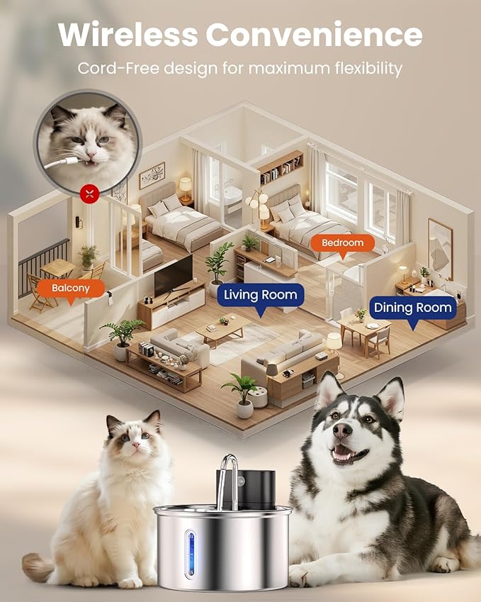 Cat Water Fountain Wireless Stainless Steel with Sensor 3.5L/118oz Battery Operated Rechargeable Automatic Water Dispenser Quiet Pump for Drinking Indoor, Easy Clean for Cats Dogs Pets